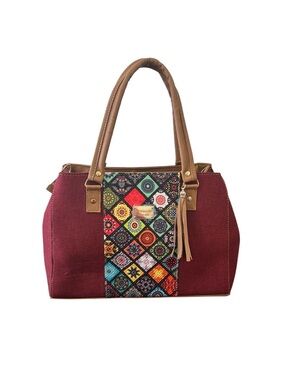 NEW Maroon Tote with Colorful Mosaic Panel and Tan Handles Belo Horizonte Bag